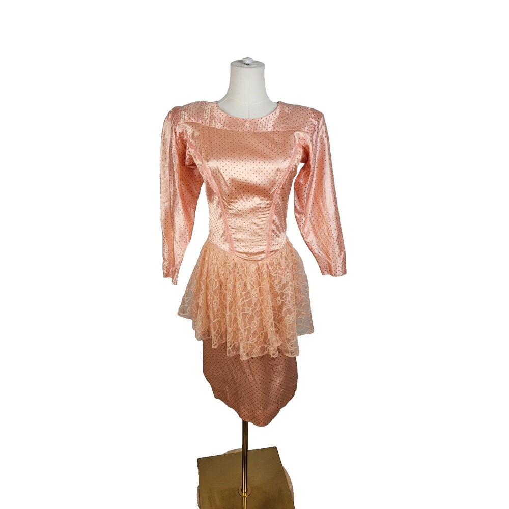 Vintage Homemade Homecoming Mid 80s Party Dress Peach Lace Sheath Peplum S